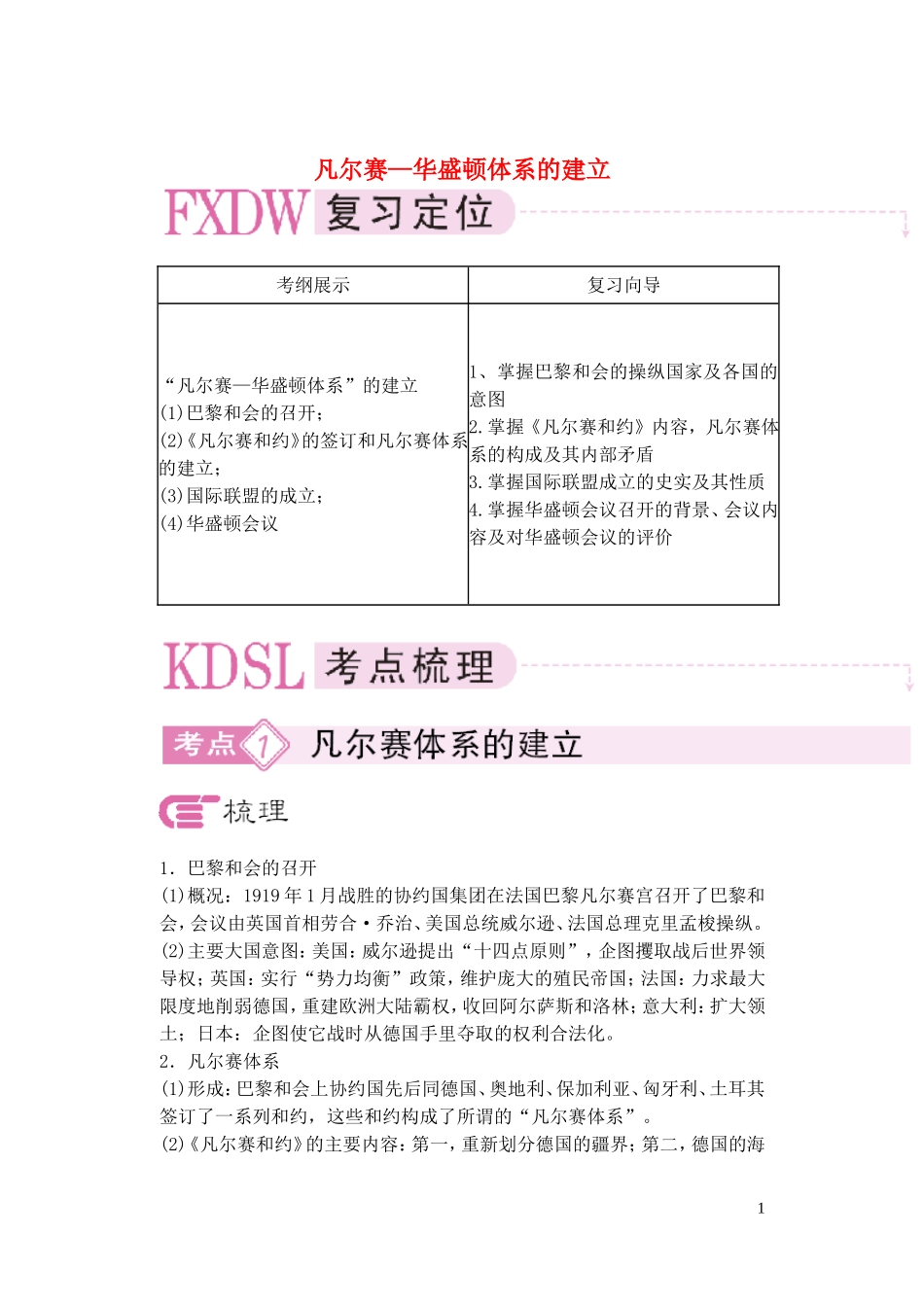 【精品】备考2011高考历史高效学习方案历史考点专项突破 凡尔赛—华盛顿体系的建立 人教版_第1页