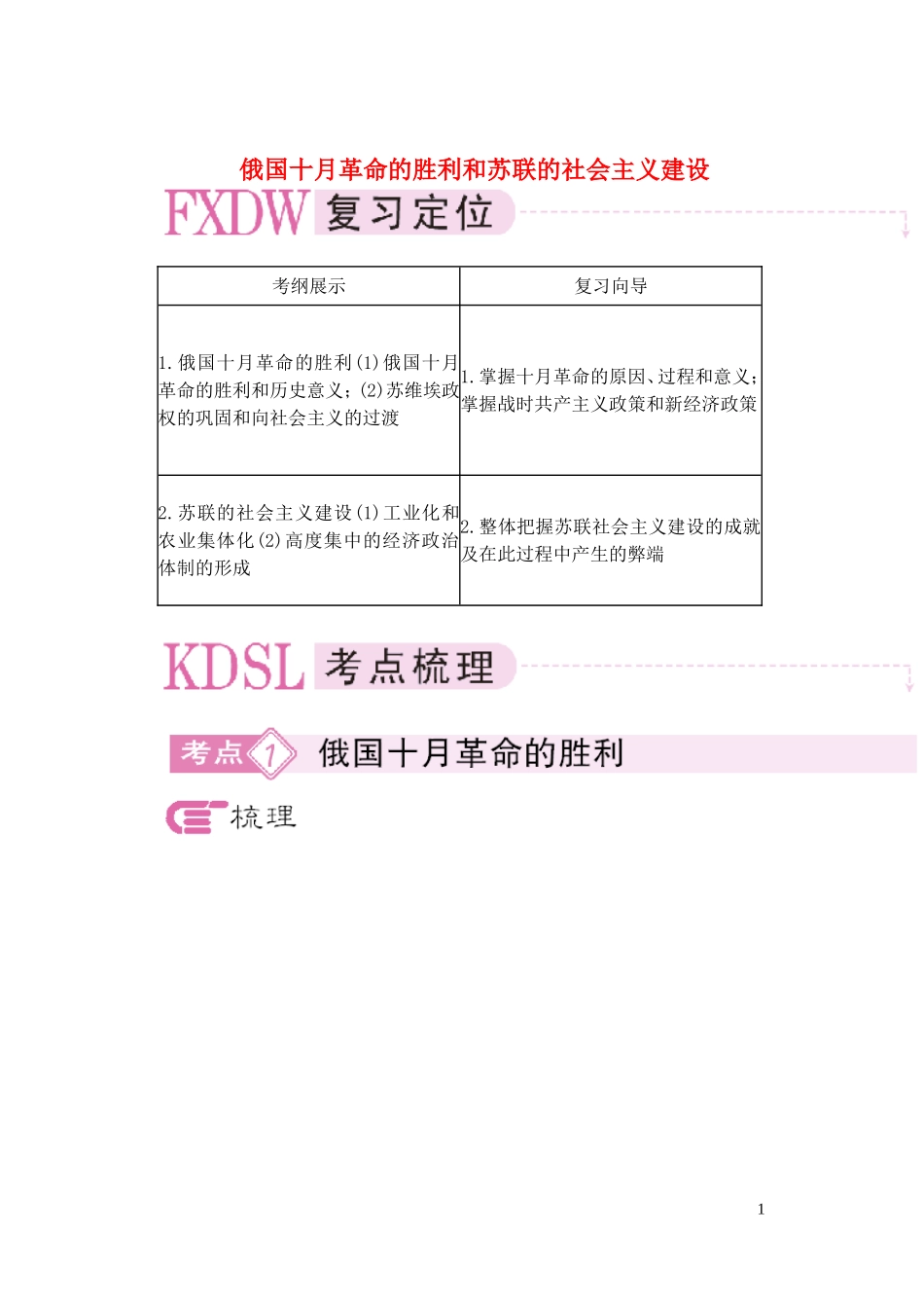 【精品】备考2011高考历史高效学习方案历史考点专项突破 俄国十月革命的胜利和苏联的社会主义建设 人教版_第1页