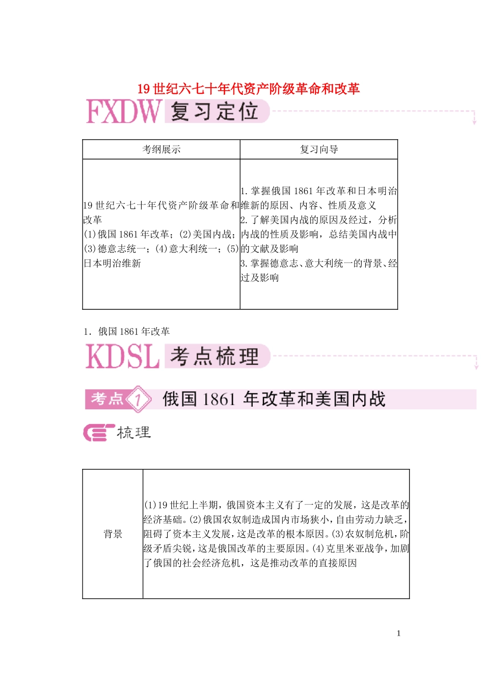【精品】备考2011高考历史高效学习方案历史考点专项突破  19世纪六七十年代资产阶级革命和改革 人教版_第1页