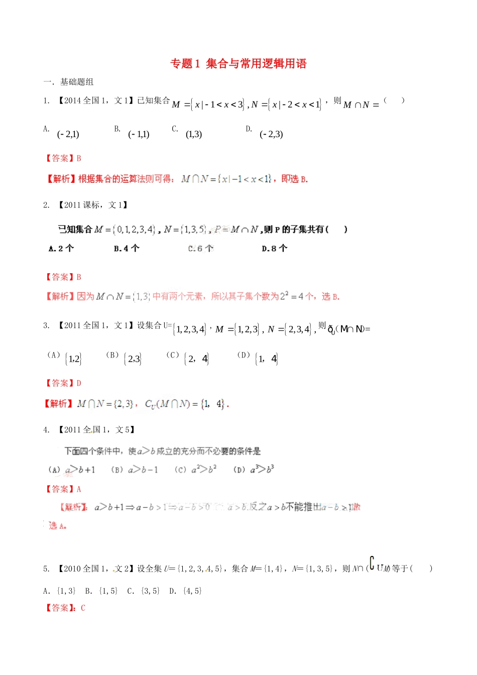 备战（新课标I版）高考数学分项汇编 专题1 集合与常用逻辑用语（含解析）文-人教版高三全册数学试题_第1页