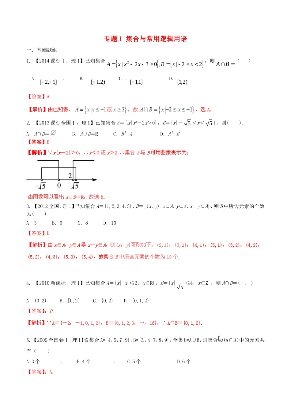 备战（新课标I版）高考数学分项汇编 专题1 集合与常用逻辑用语（含解析）理-人教版高三全册数学试题_第1页