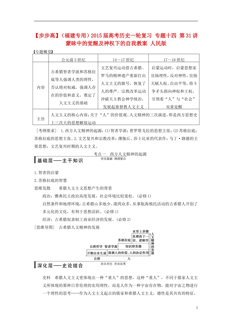 【步步高】（福建专用）2015届高考历史一轮复习 专题十四 第31讲 蒙昧中的觉醒及神权下的自我教案 人民版_第1页
