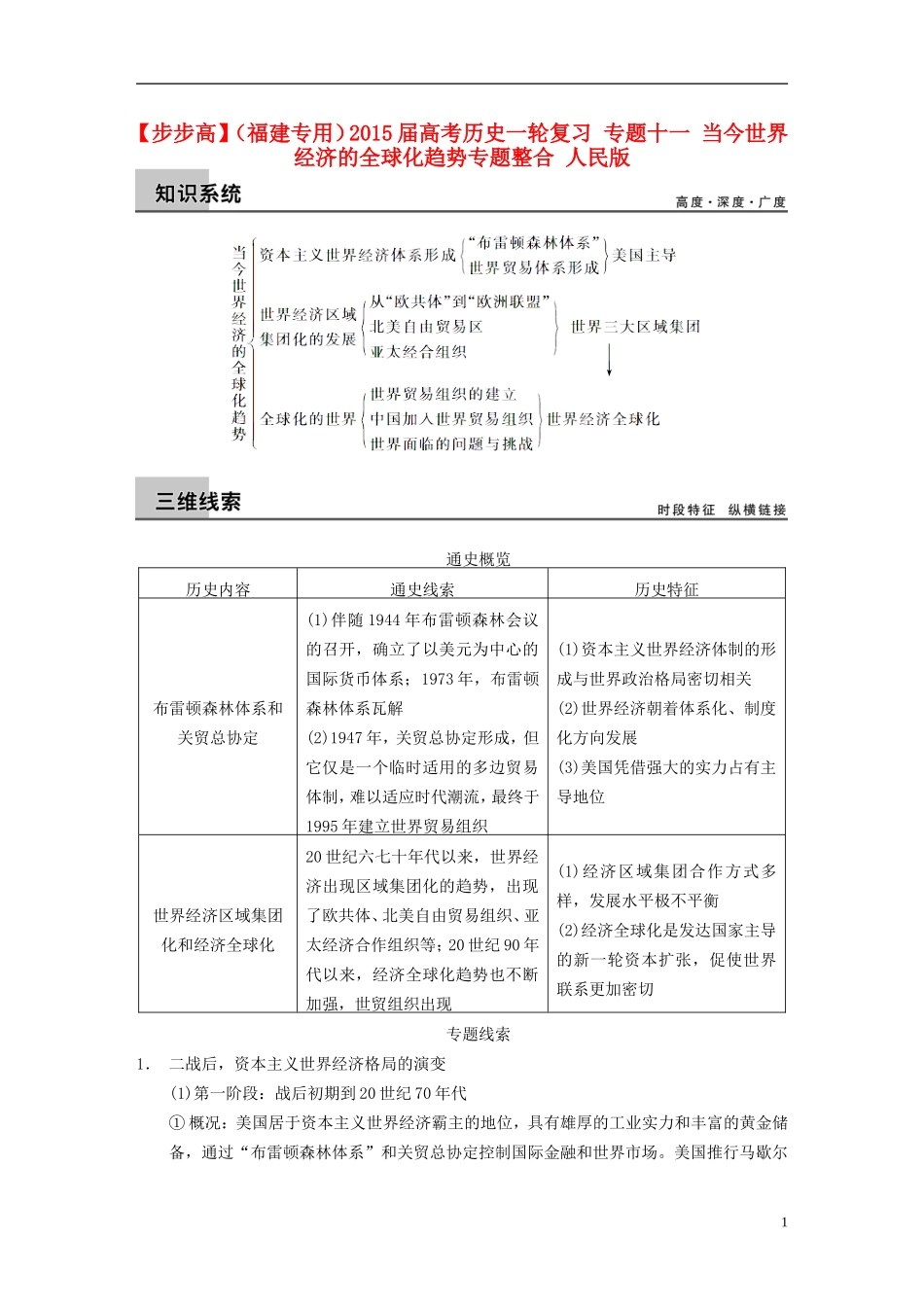 【步步高】（福建专用）2015届高考历史一轮复习 专题十一 当今世界经济的全球化趋势专题整合 人民版_第1页