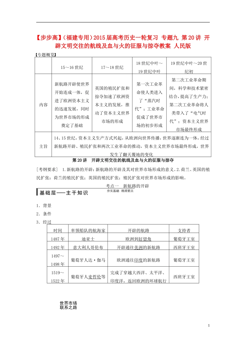 【步步高】（福建专用）2015届高考历史一轮复习 专题九 第20讲 开辟文明交往的航线及血与火的征服与掠夺教案 人民版_第1页