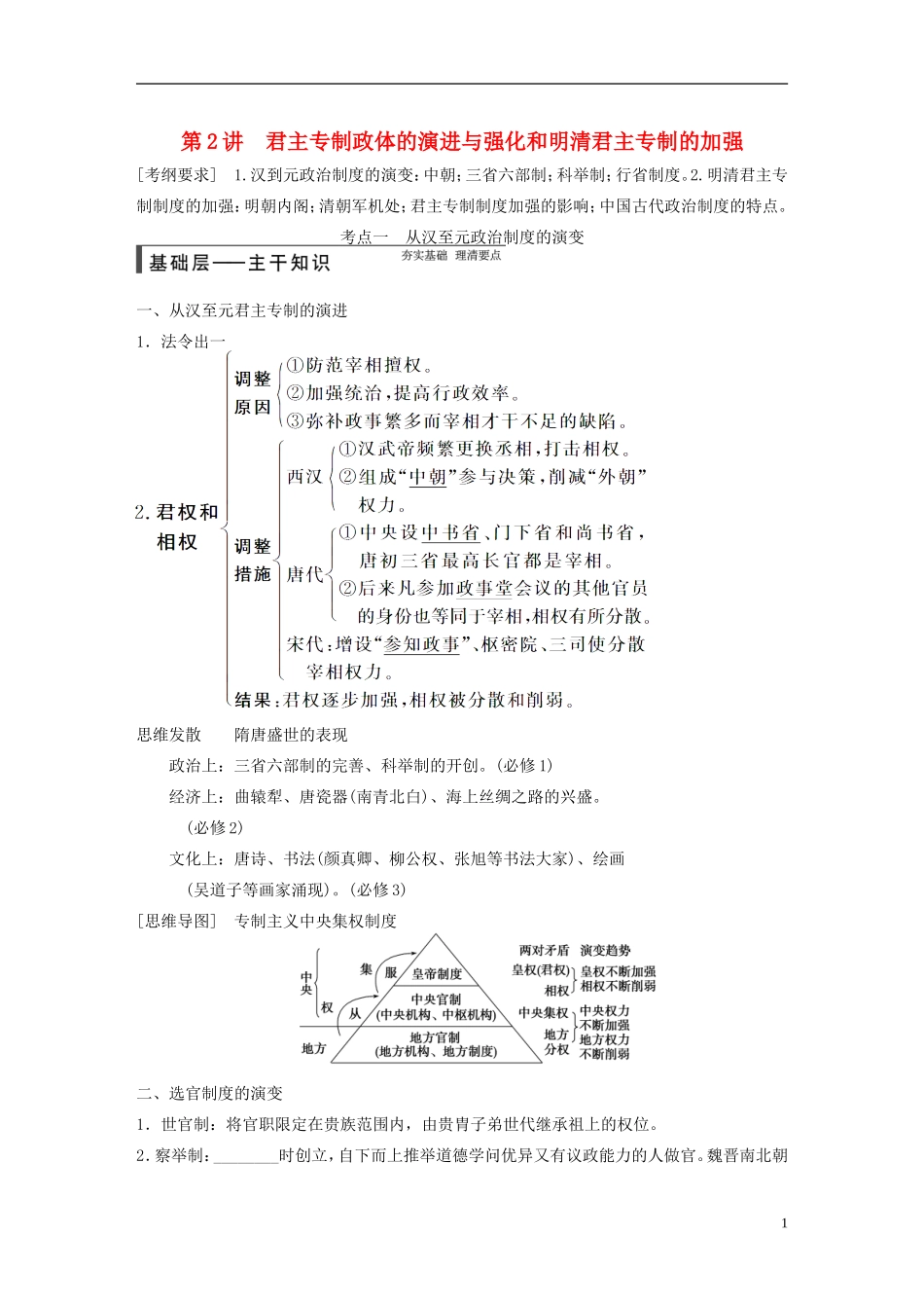 【步步高】（福建专用）2015届高考历史一轮复习 专题一 第2讲 君主专制政体的演进与强化和明清君主专制的加强教案 人民版_第1页