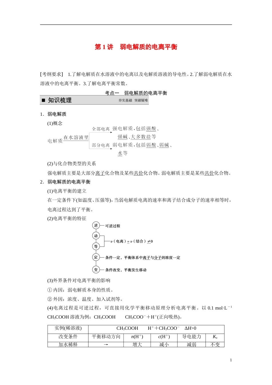 【步步高】（新课标）2015届高考化学一轮复习 第八章 第1讲 弱电解质的电离平衡教案（含解析）_第1页