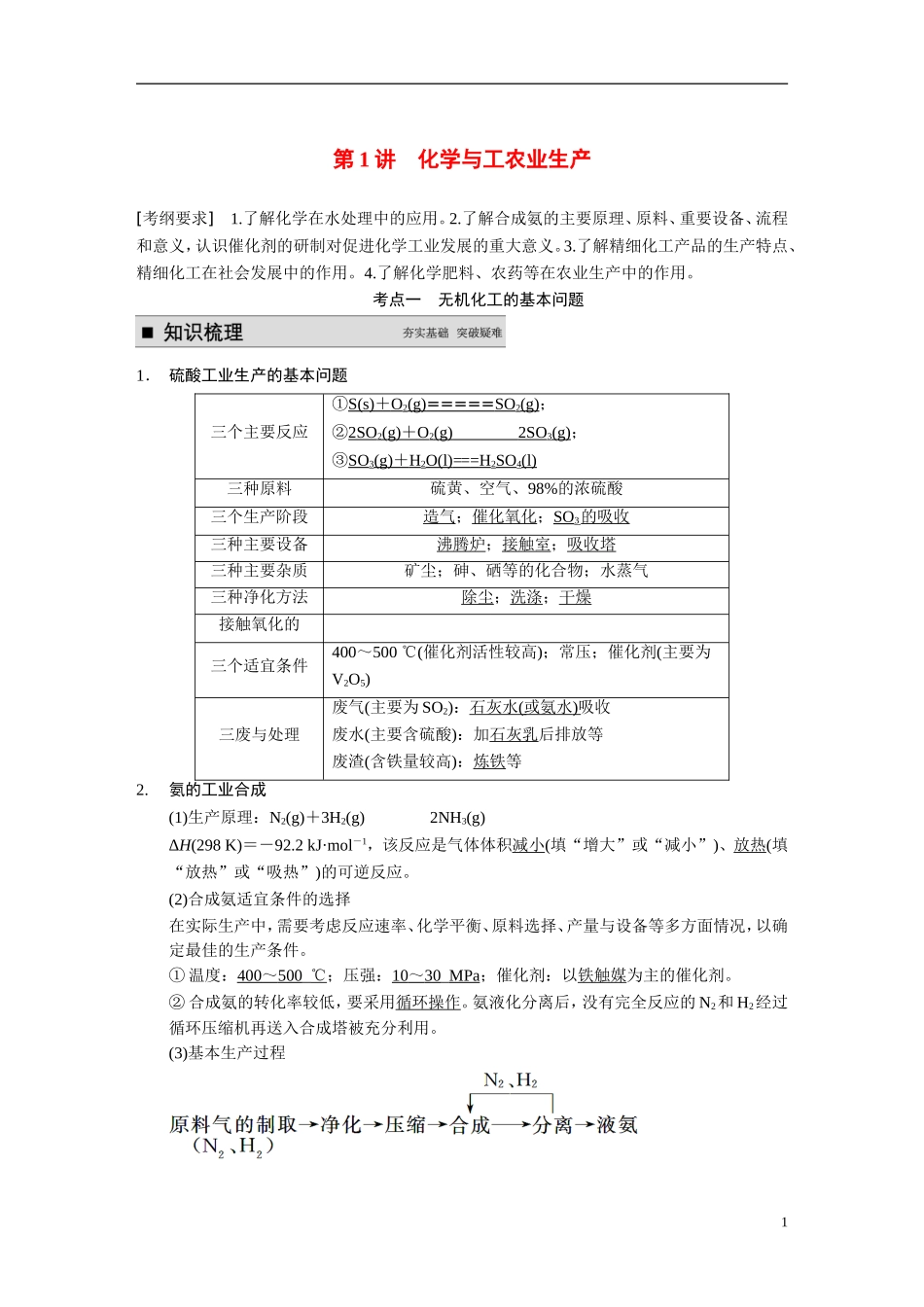 【步步高】（新课标）2015届高考化学一轮复习 第1讲 化学与工农业生产教案（含解析）新人教版选修2_第1页