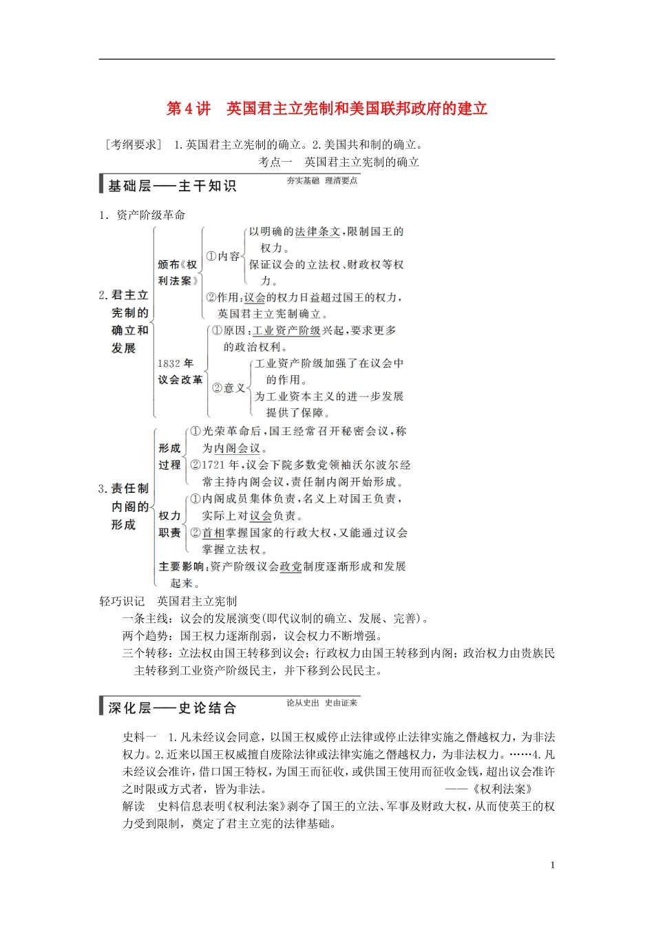 【步步高】（广东专用）2015届高考历史大一轮复习讲义 第4讲 英国君主立宪制和美国联邦政府的建立（含广东高考调研题组，含必背要语）新人教版 _第1页