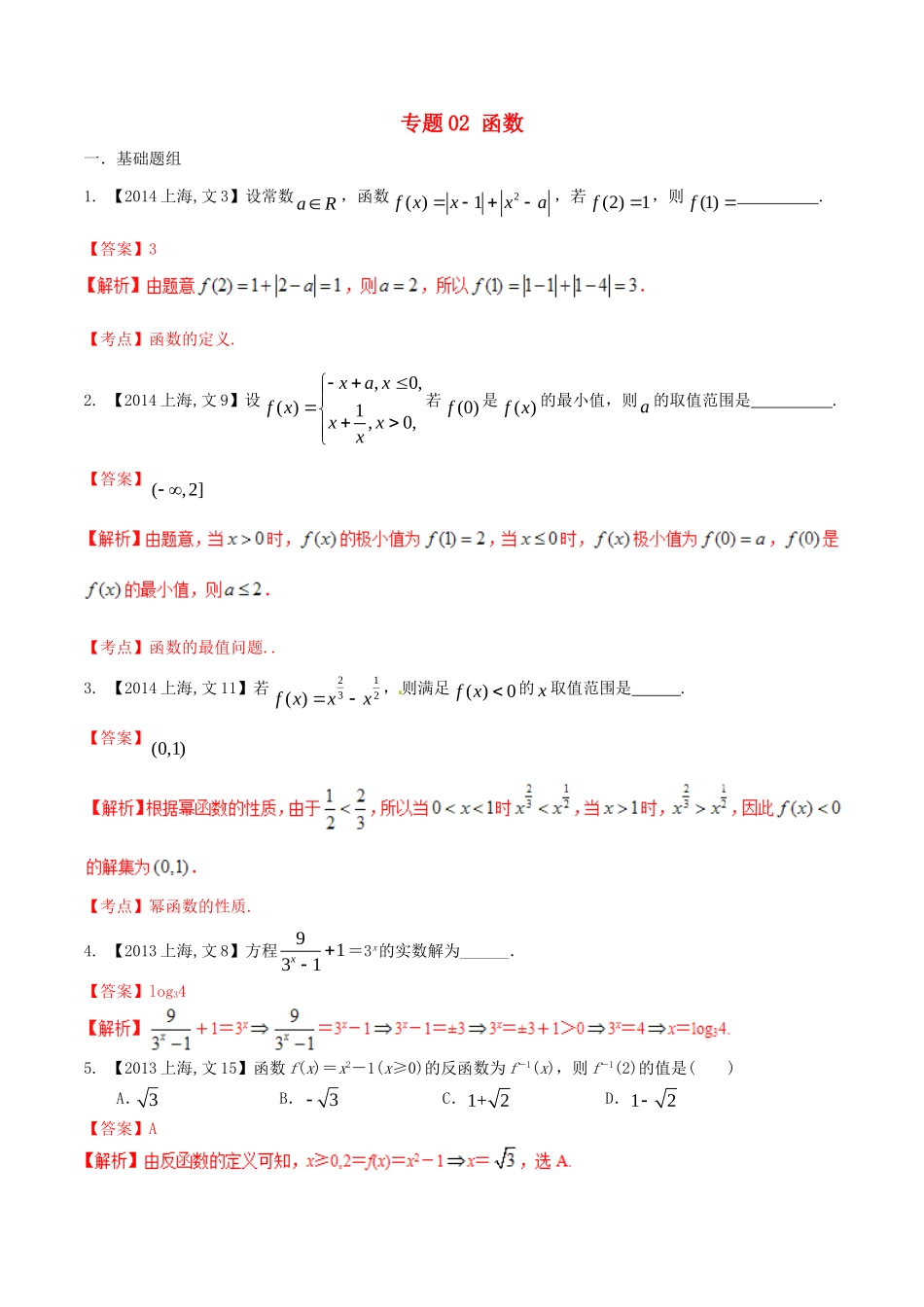 备战（上海版）高考数学分项汇编 专题02 函数（含解析）文-上海版高三全册数学试题_第1页