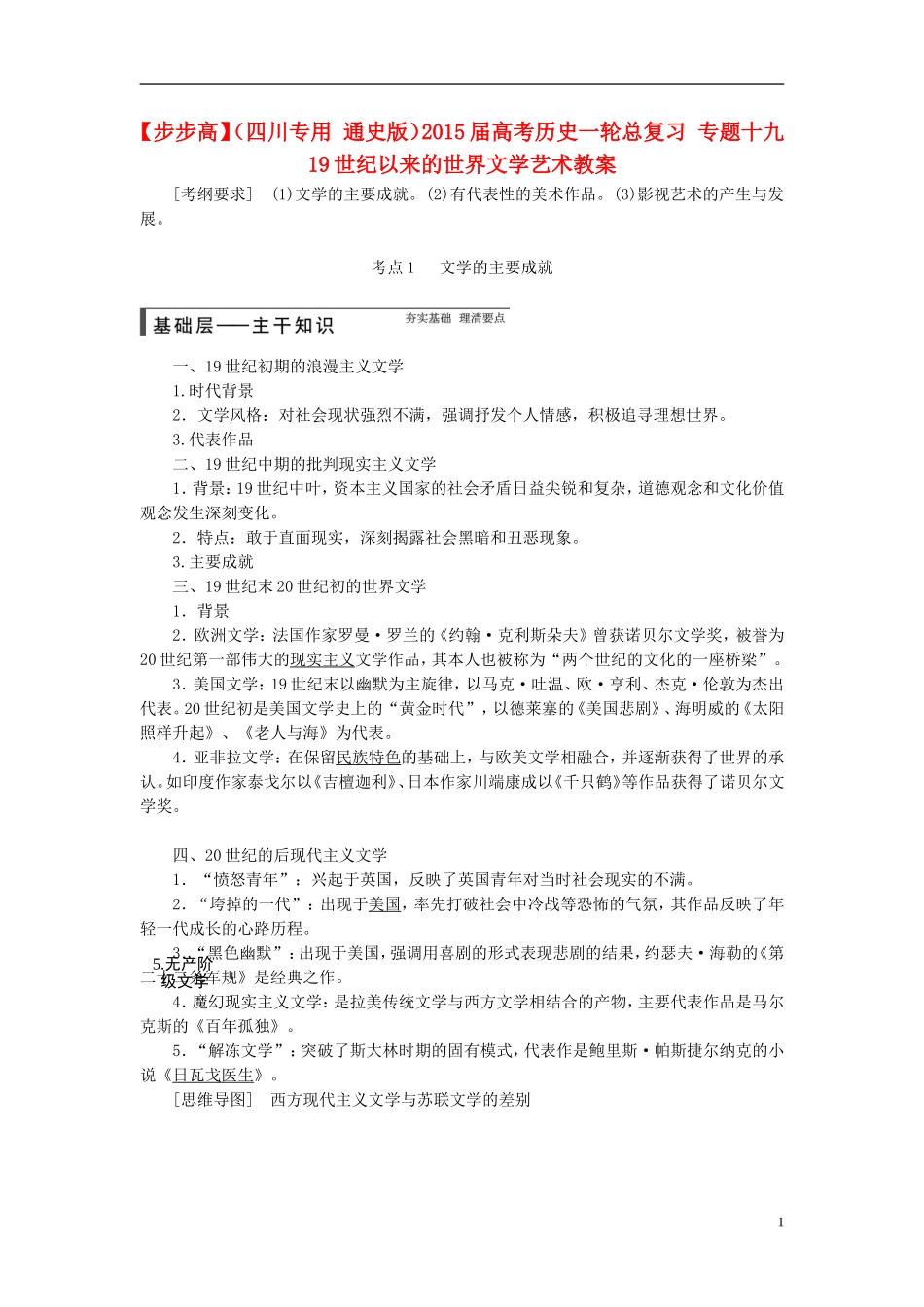 【步步高】（四川专用 通史版）2015届高考历史一轮总复习 专题十九 19世纪以来的世界文学艺术教案_第1页