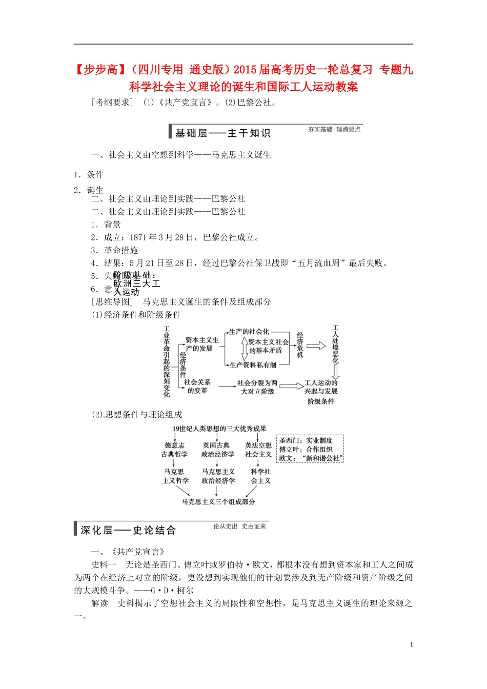 【步步高】（四川专用 通史版）2015届高考历史一轮总复习 专题九  科学社会主义理论的诞生和国际工人运动教案_第1页