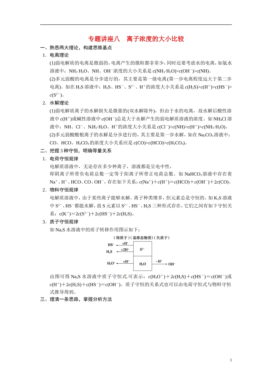 【步步高】2015届高考化学大一轮复习 专题八 专题讲座八 离子浓度的大小比较（含解析）_第1页