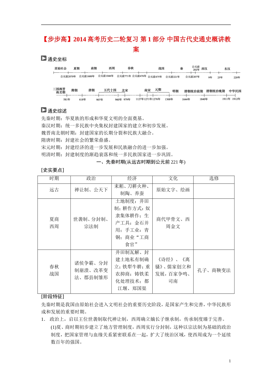【步步高】2014高考历史二轮复习 第1部分 中国古代史通史概讲教案_第1页
