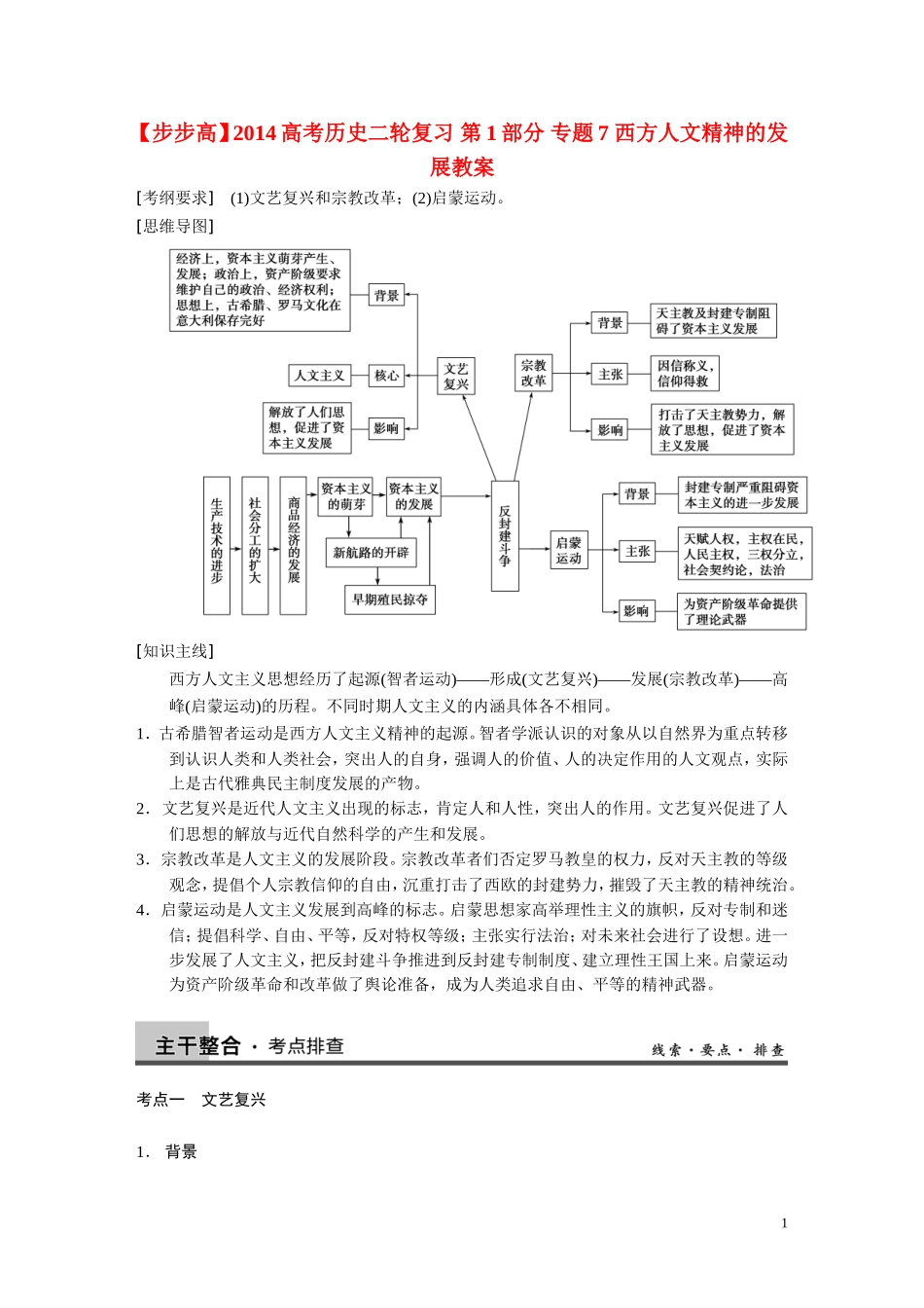 【步步高】2014高考历史二轮复习 第1部分 专题7 西方人文精神的发展教案_第1页