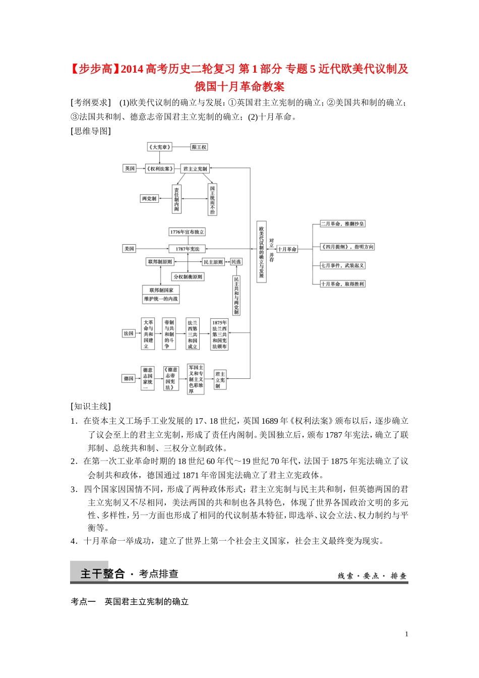 【步步高】2014高考历史二轮复习 第1部分 专题5 近代欧美代议制及俄国十月革命教案_第1页
