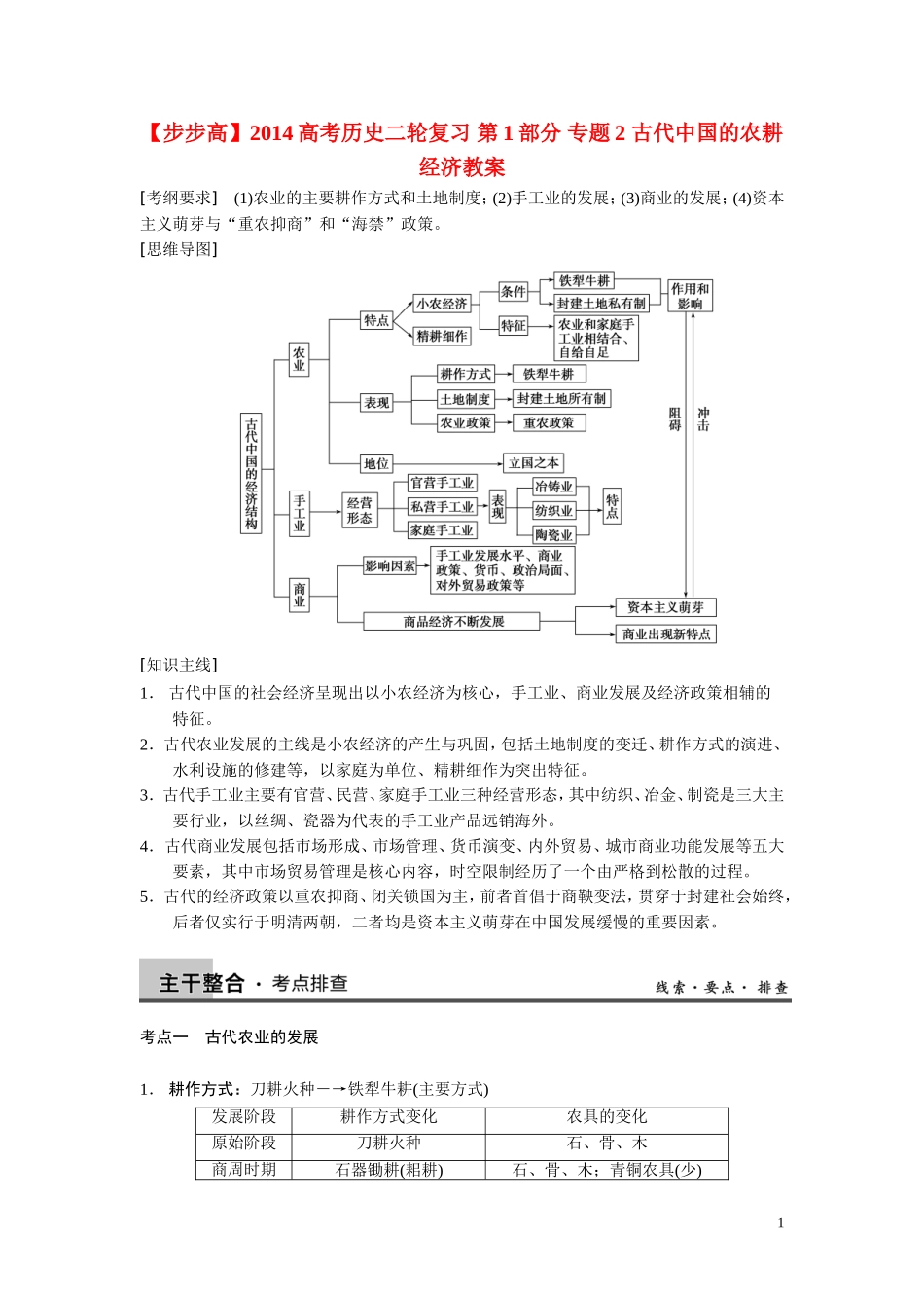 【步步高】2014高考历史二轮复习 第1部分 专题2 古代中国的农耕经济教案_第1页