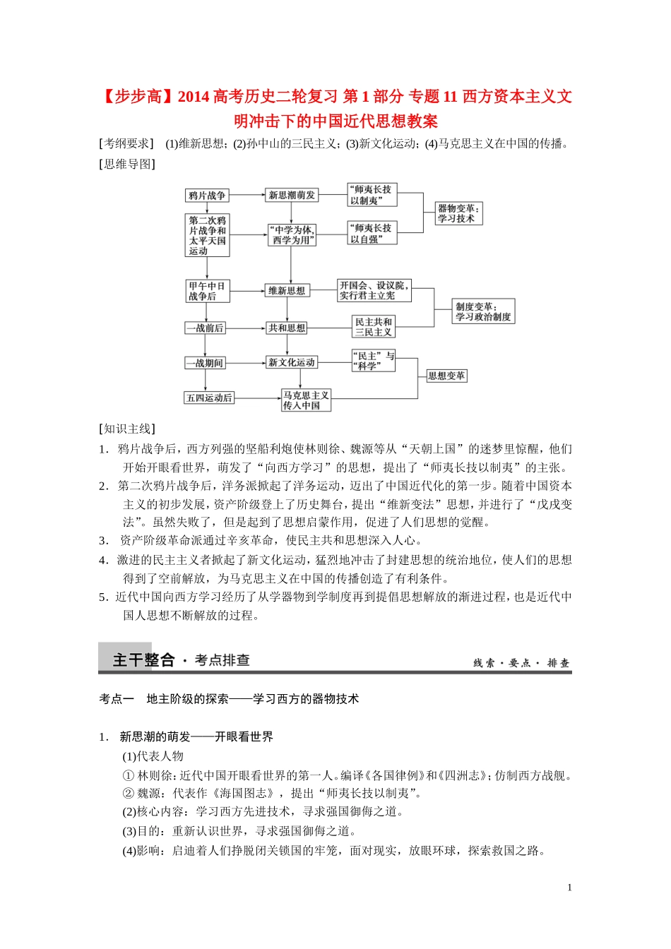 【步步高】2014高考历史二轮复习 第1部分 专题11 西方资本主义文明冲击下的中国近代思想教案_第1页