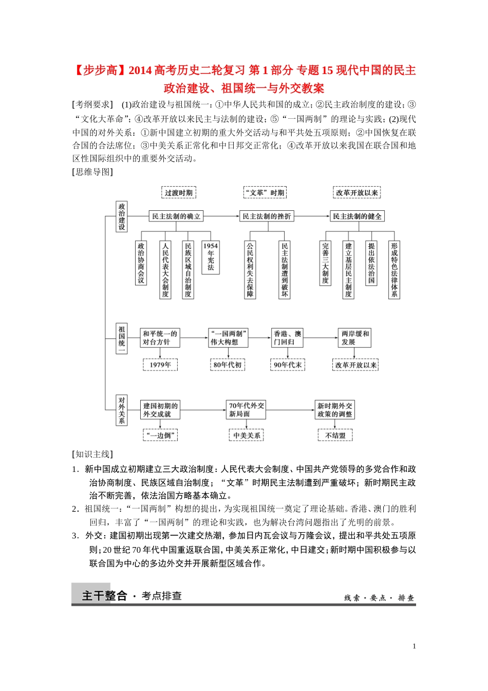 【步步高】2014高考历史二轮复习 第1部分 专题15 现代中国的民主政治建设、祖国统一与外交教案_第1页