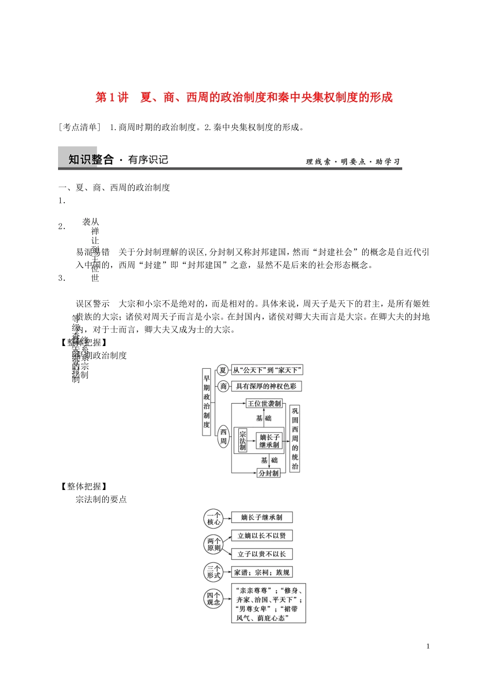 【步步高】2014届高考历史一轮复习讲义 （知识整合+重点深化+探究命题+课时训练）第一单元 第1讲 夏、商、西周的政治制度和秦中央集权制度的形成（含解析） 新人教版_第1页