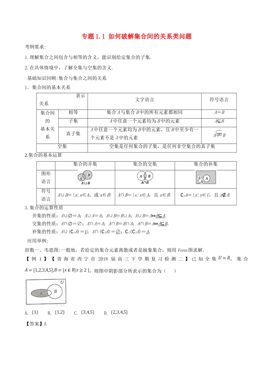 备战高考数学一轮复习（热点难点）专题1.1 如何破解集合间的关系类问题-人教版高三全册数学试题_第1页