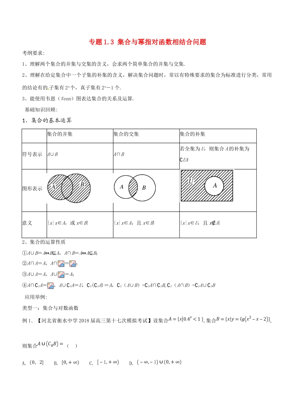 备战高考数学一轮复习（热点难点）专题1.3 集合与幂指对函数相结合问题-人教版高三全册数学试题_第1页