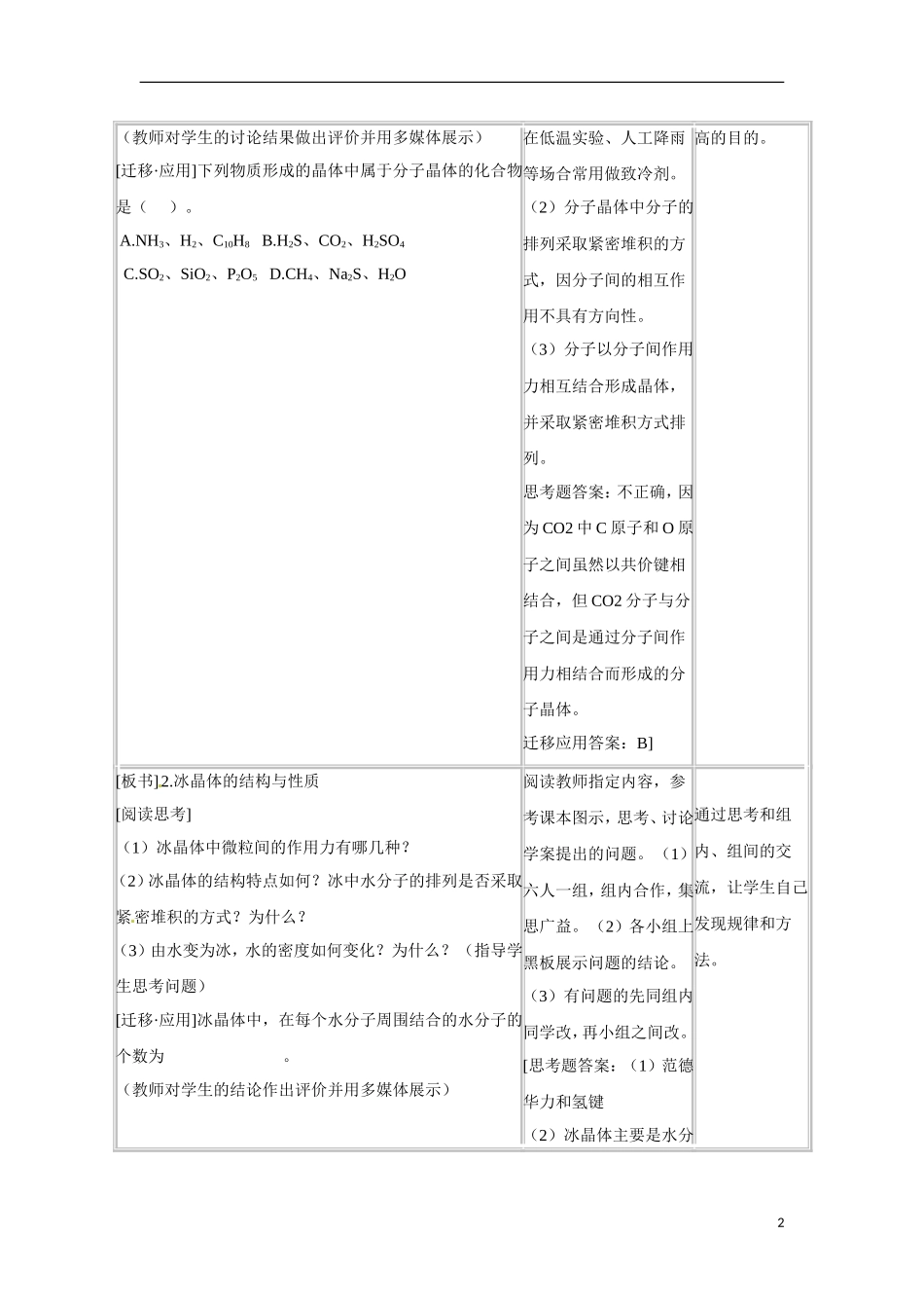 【四维备课】高中化学 第3章第3节 原子晶体与分子晶体（第2课时分子晶体）教案 鲁科版选修3_第2页