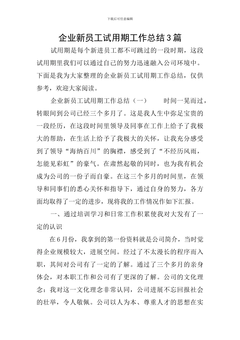企业新员工试用期工作总结3篇_第1页