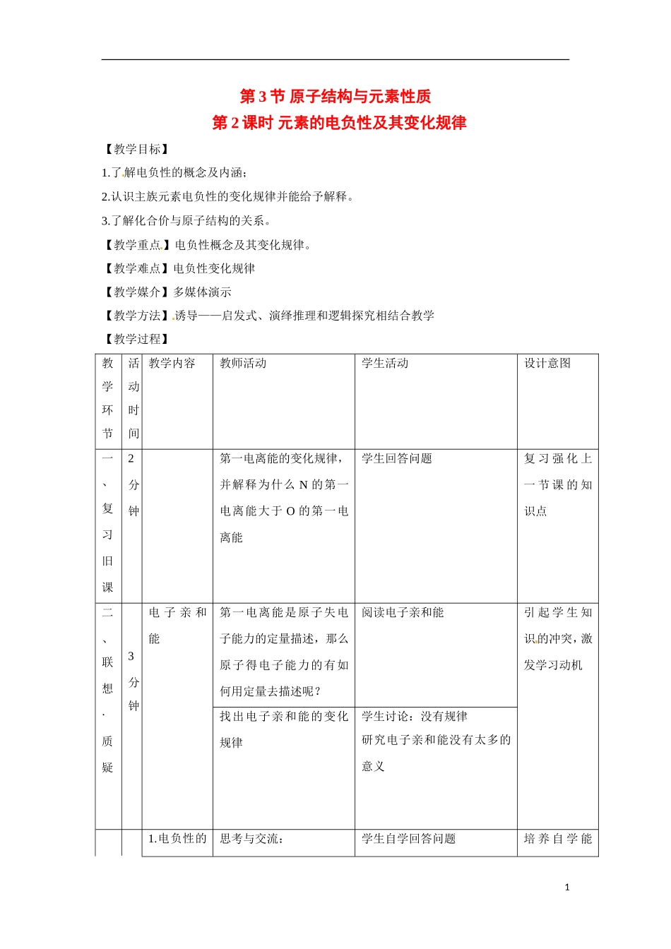 【四维备课】高中化学 第1章第3节 原子结构与元素性质（第2课时元素的电负性及其变化规律）教案 鲁科版选修3_第1页