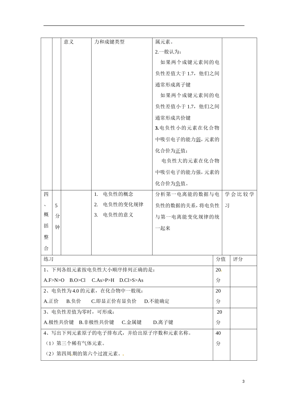【四维备课】高中化学 第1章第3节 原子结构与元素性质（第2课时元素的电负性及其变化规律）教案 鲁科版选修3_第3页