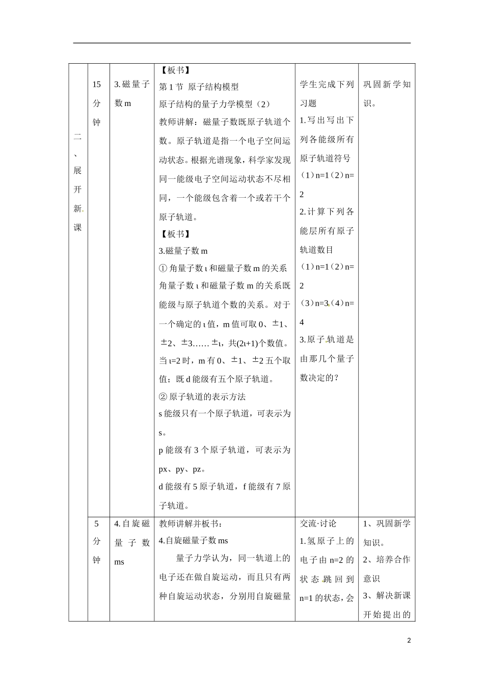 【四维备课】高中化学 第1章第1节 原子结构模型（第3课时量子力学对原子核外电子运动状态的描述）教案 鲁科版选修3_第2页