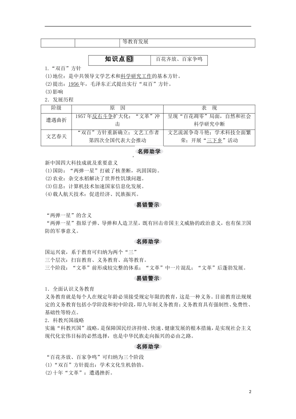 【创新设计】（山东适用）2014版高考历史一轮复习讲义 （知识整合+聚焦重点+对接高考+限时规范训练） 第四单元 第39课时 新中国的科技、教育和文学艺术 新人教版必修3_第2页