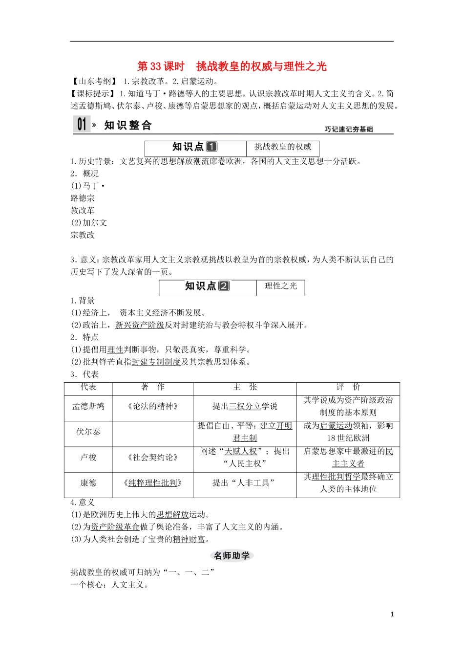 【创新设计】（山东适用）2014版高考历史一轮复习讲义 （知识整合+聚焦重点+对接高考+限时规范训练） 第二单元 第33课时 挑战教皇的权威与理性之光 新人教版必修3_第1页