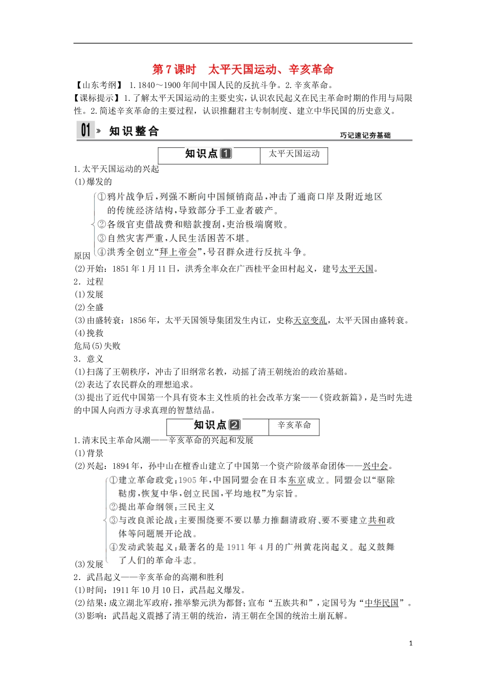 【创新设计】（山东适用）2014版高考历史一轮复习讲义 （知识整合+聚焦重点+对接高考+限时规范训练） 第三单元 第7课时 太平天国运动、辛亥革命 新人教版必修1_第1页