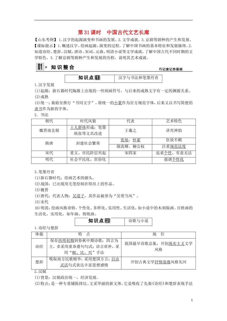 【创新设计】（山东适用）2014版高考历史一轮复习讲义 （知识整合+聚焦重点+对接高考+限时规范训练） 第一单元 第31课时 中国古代文艺长廊 新人教版必修3_第1页