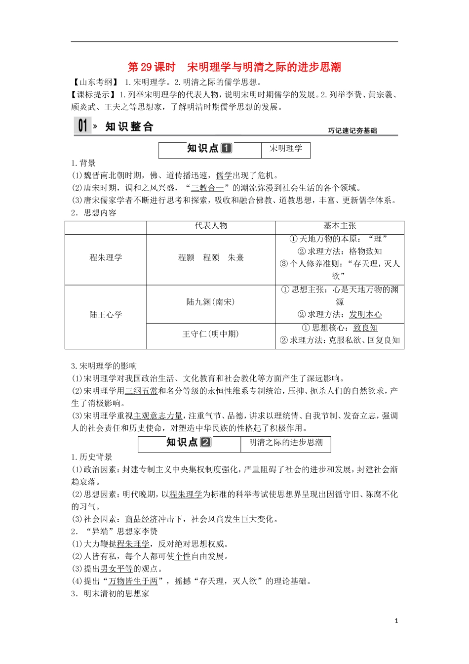 【创新设计】（山东适用）2014版高考历史一轮复习讲义 （知识整合+聚焦重点+对接高考+限时规范训练） 第一单元 第29课时 宋明理学与明清之际的进步思潮 新人教版必修3_第1页