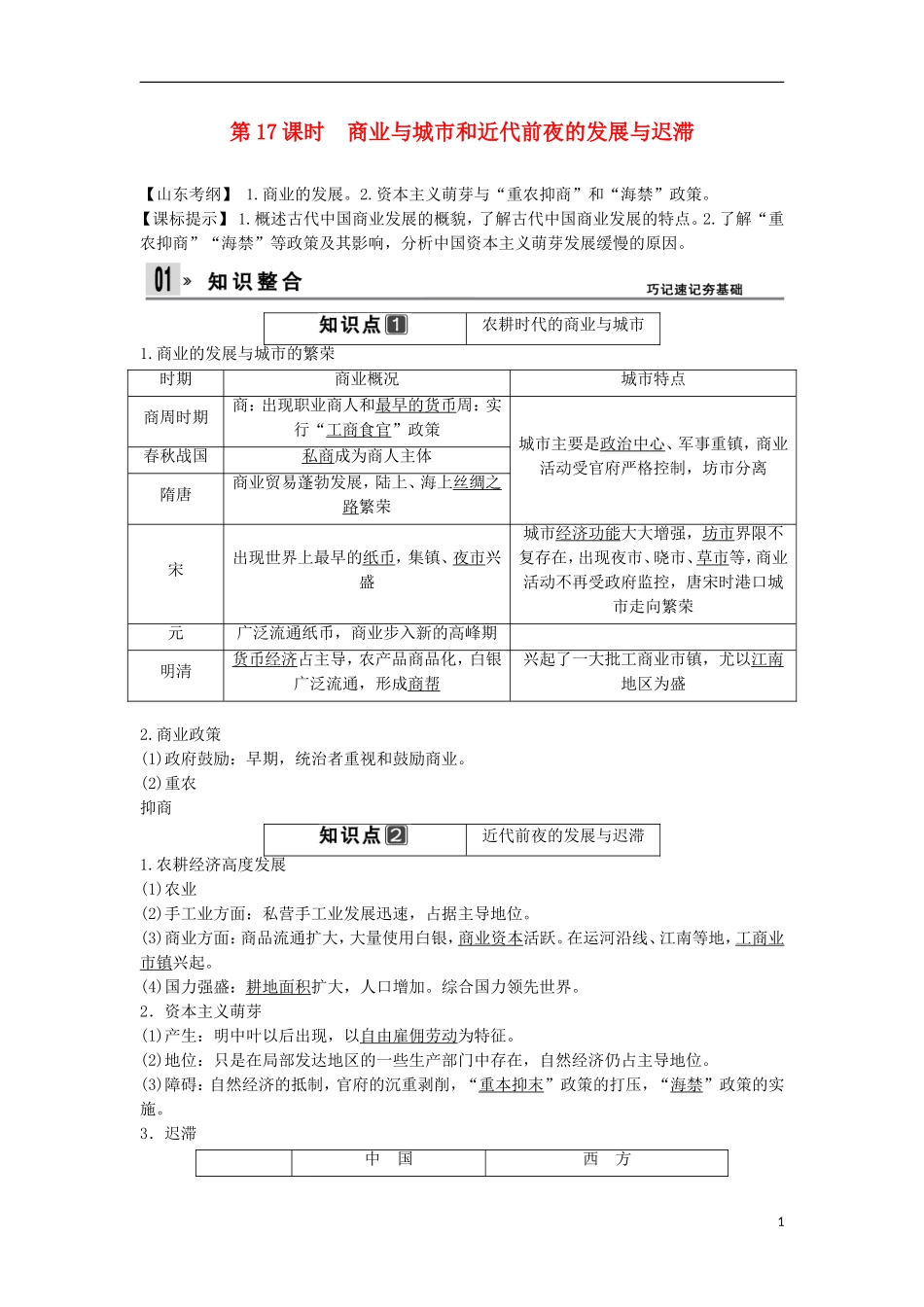 【创新设计】（山东适用）2014版高考历史一轮复习讲义 （知识整合+聚焦重点+对接高考+限时规范训练） 第一单元 第17课时 商业与城市和近代前夜的发展与迟滞 新人教版必修2_第1页