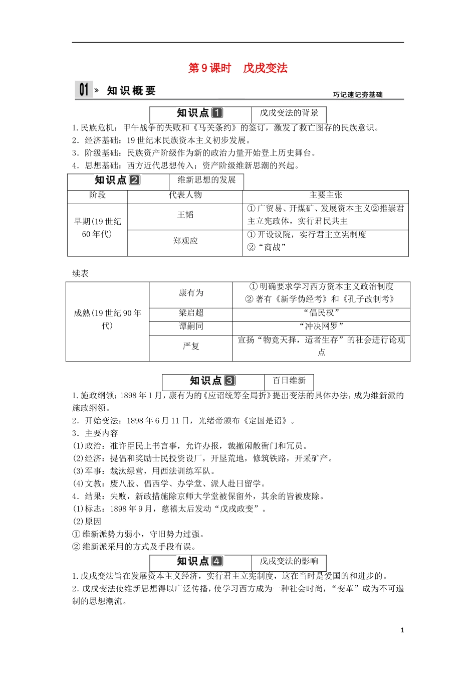 【创新设计】（山东适用）2014版高考历史一轮复习讲义 （知识整合+聚焦重点+对接高考+限时规范训练） 第9课时 戊戌变法 新人教版选修1_第1页