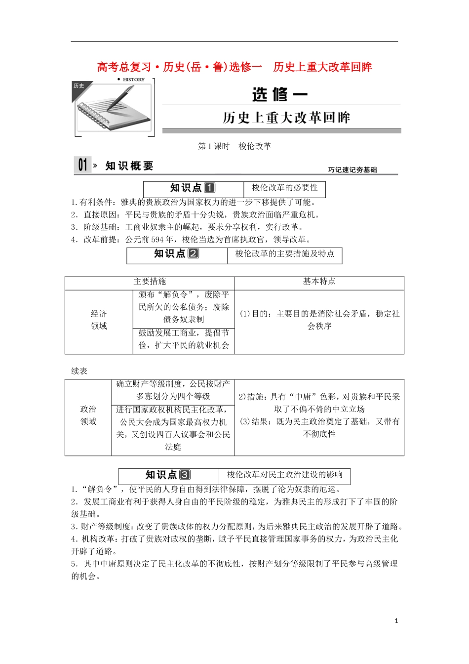 【创新设计】（山东适用）2014版高考历史一轮复习讲义 （知识整合+聚焦重点+对接高考+限时规范训练） 第1课时 梭伦改革 新人教版选修1_第1页