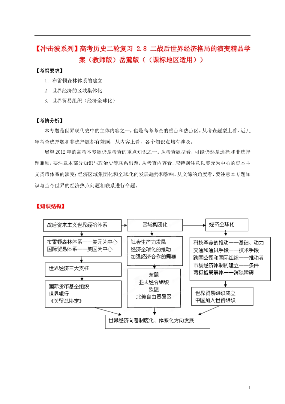 【冲击波系列】高考历史二轮复习 2.8 二战后世界经济格局的演变精品学案（教师版）岳麓版（课标地区适用）_第1页