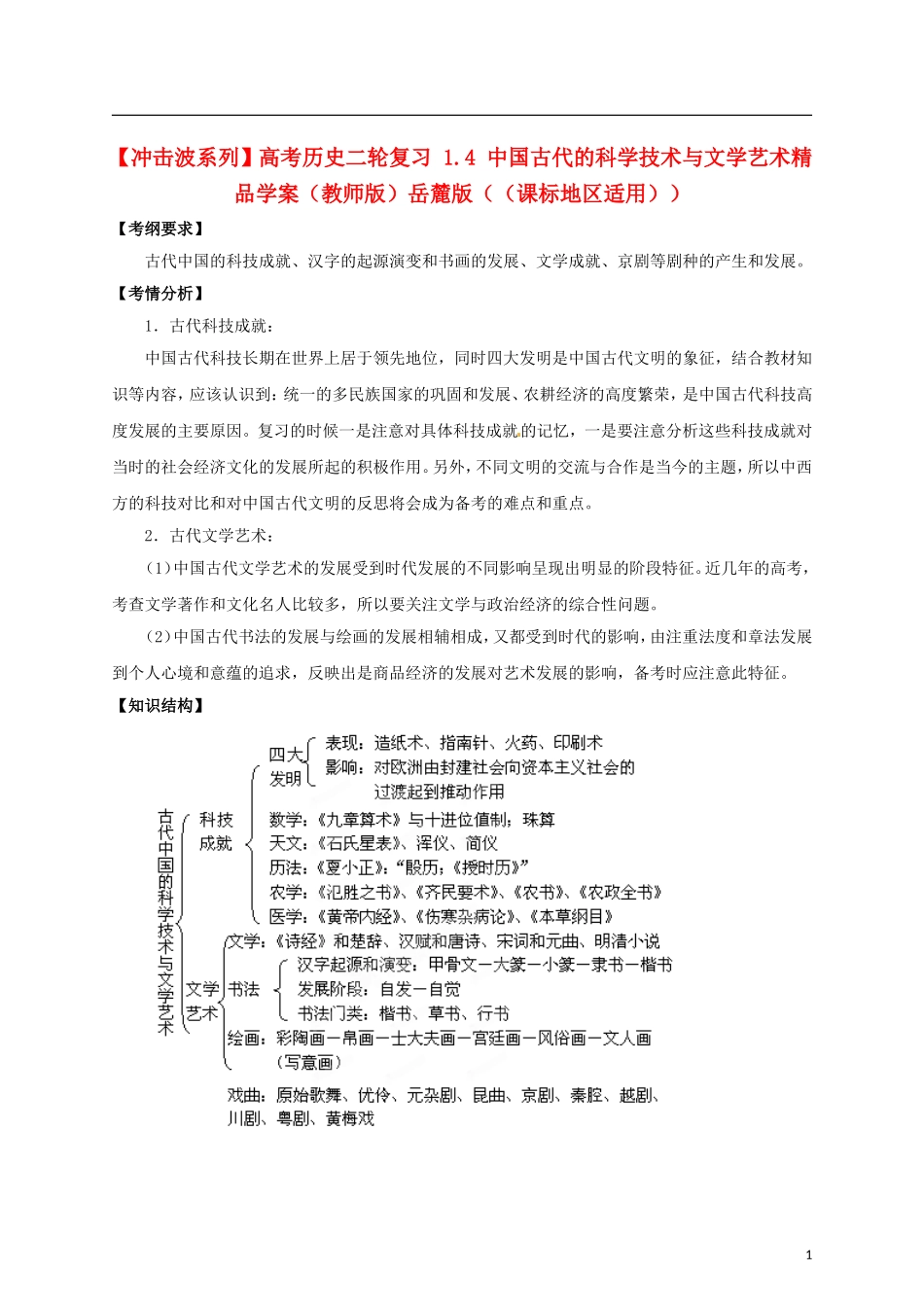 【冲击波系列】高考历史二轮复习 1.4 中国古代的科学技术与文学艺术精品学案（教师版）岳麓版（课标地区适用）_第1页