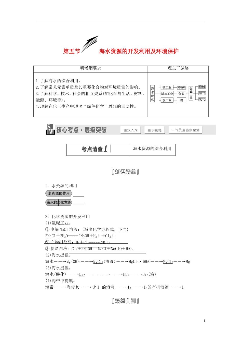 【三维设计】（人教通用版）2015届高考化学一轮总复习讲义 第五节 海水资源的开发利用及环境保护_第1页