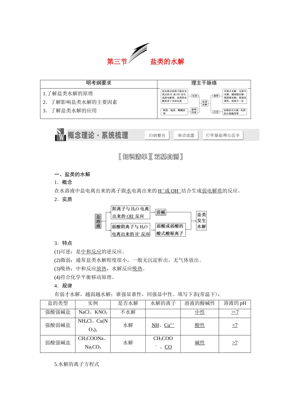 【三维设计】（人教通用版）2015届高考化学一轮总复习讲义 第三节 盐类的水解_第1页