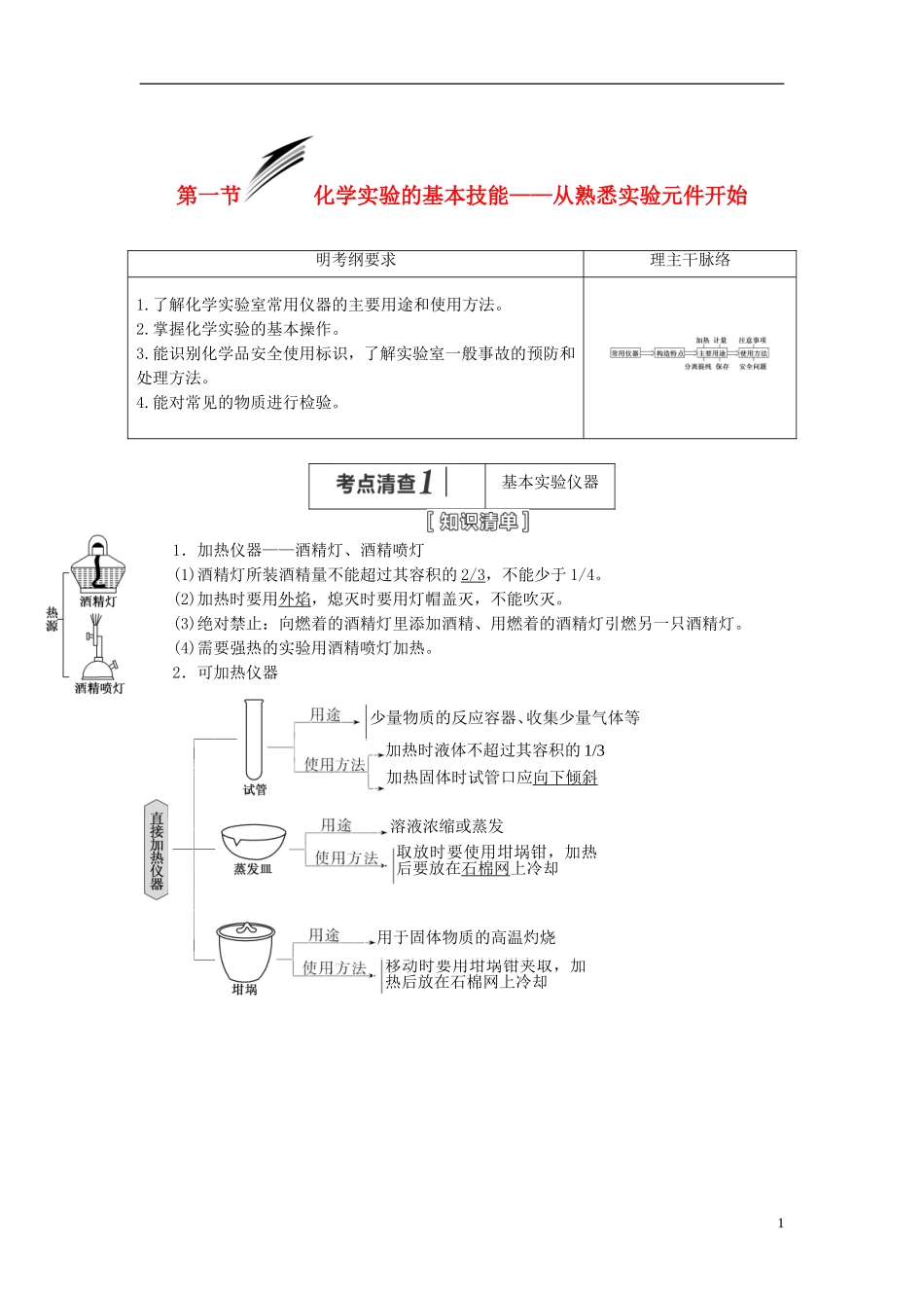 【三维设计】（人教通用版）2015届高考化学一轮总复习讲义 第一节 化学实验的基本技能从熟悉实验元件开始_第1页