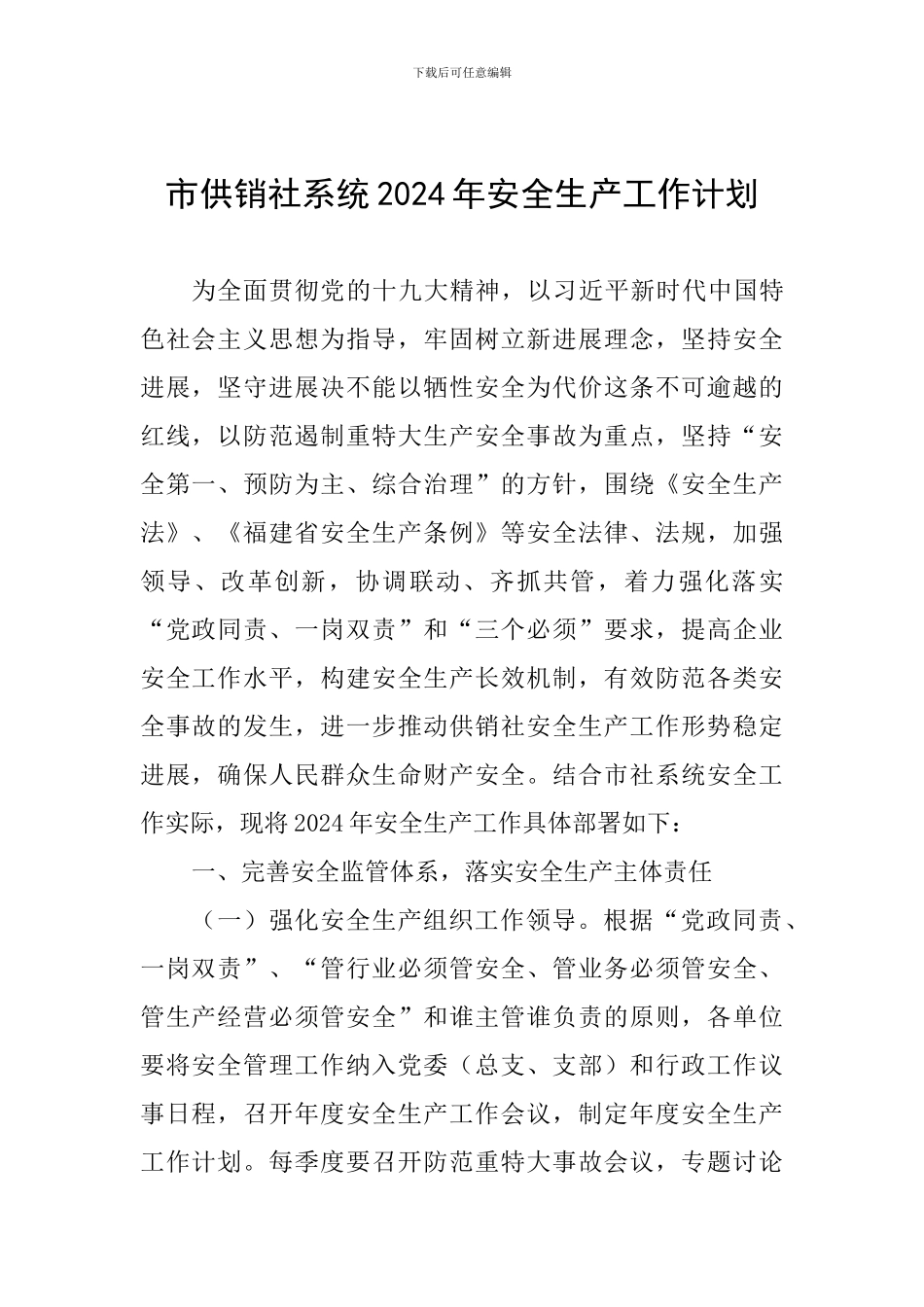 市供销社系统2024年安全生产工作计划_第1页