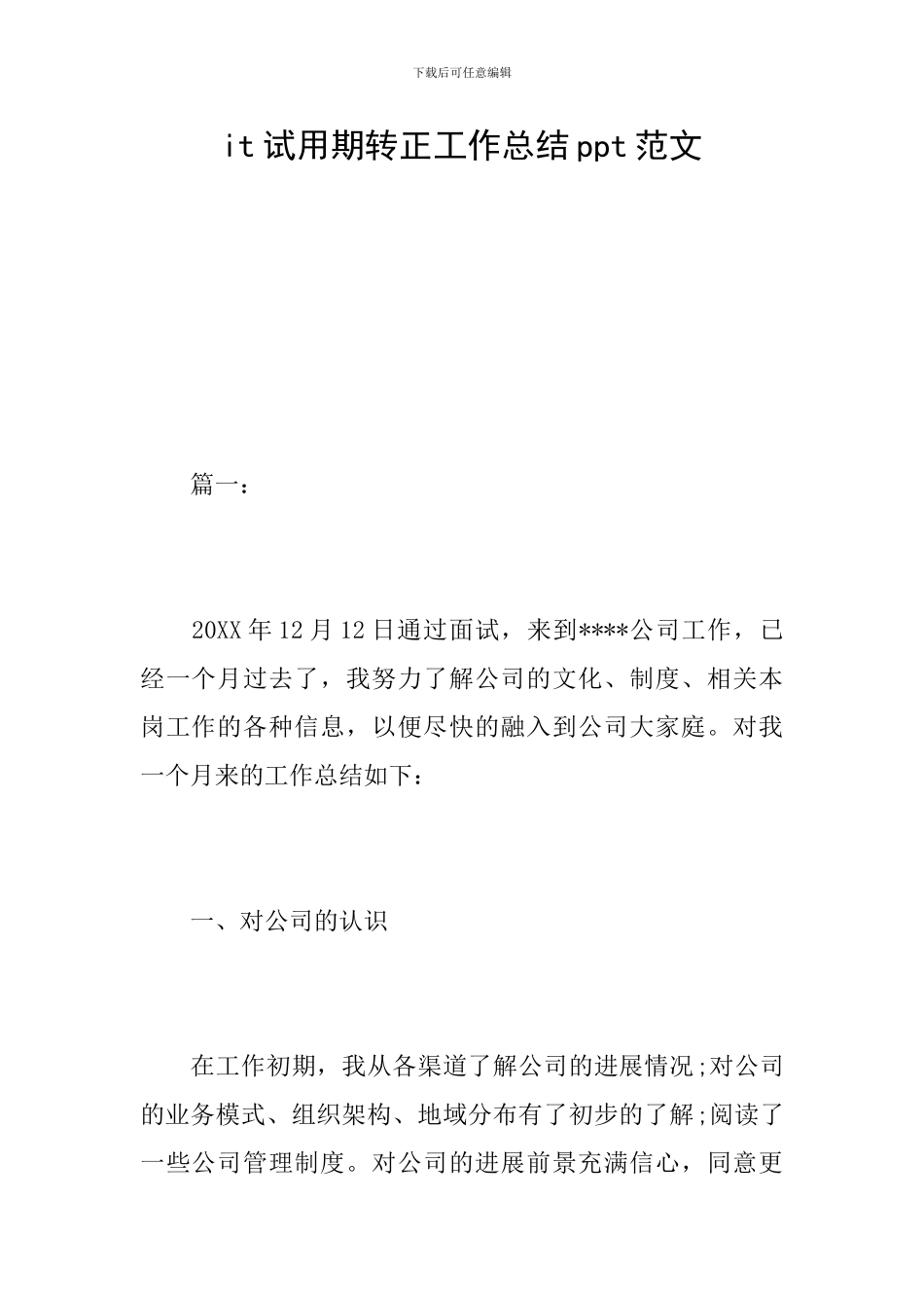 it试用期转正工作总结ppt范文_第1页