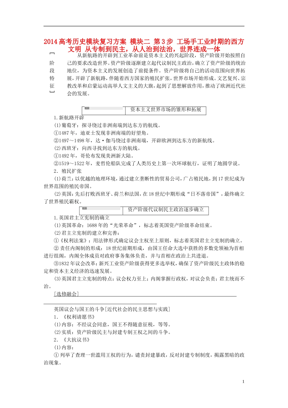2014高考历史模块复习方案 模块二 第3步 工场手工业时期的西方文明 从专制到民主，从人治到法治，世界连成一体_第1页