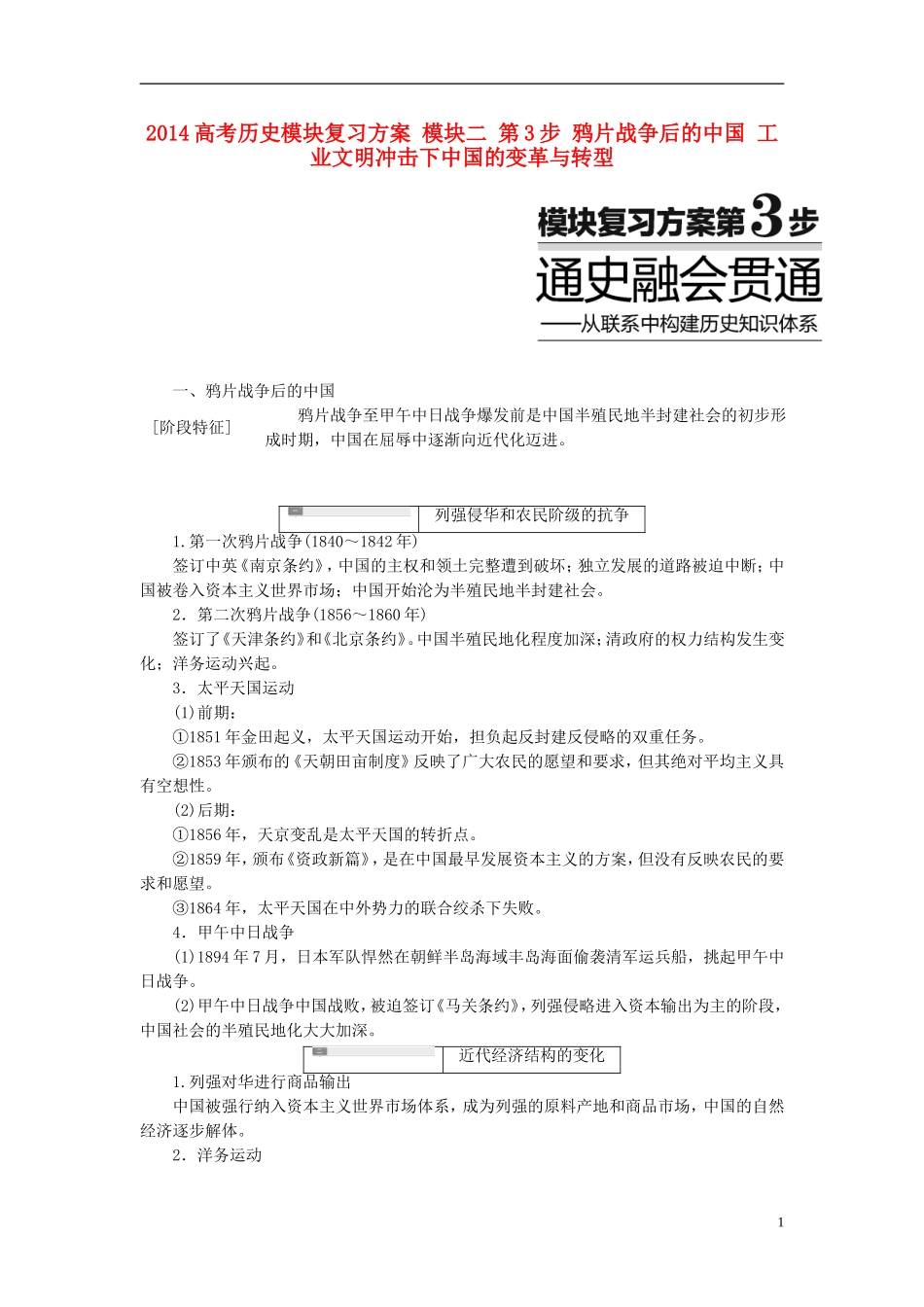 2014高考历史模块复习方案 模块二 第3步 鸦片战争后的中国 工业文明冲击下中国的变革与转型_第1页