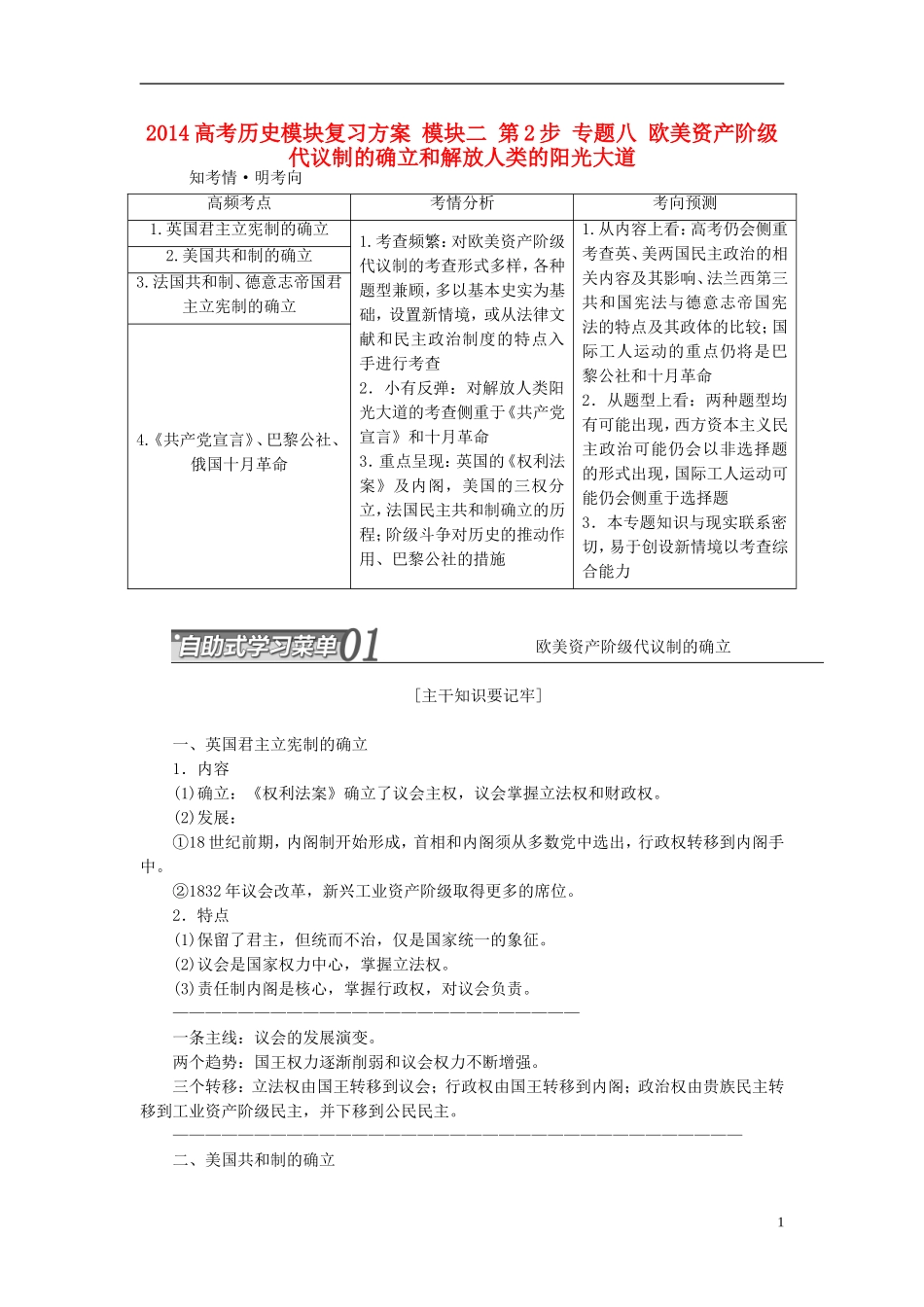 2014高考历史模块复习方案 模块二 第2步 专题八 欧美资产阶级代议制的确立和解放人类的阳光大道_第1页