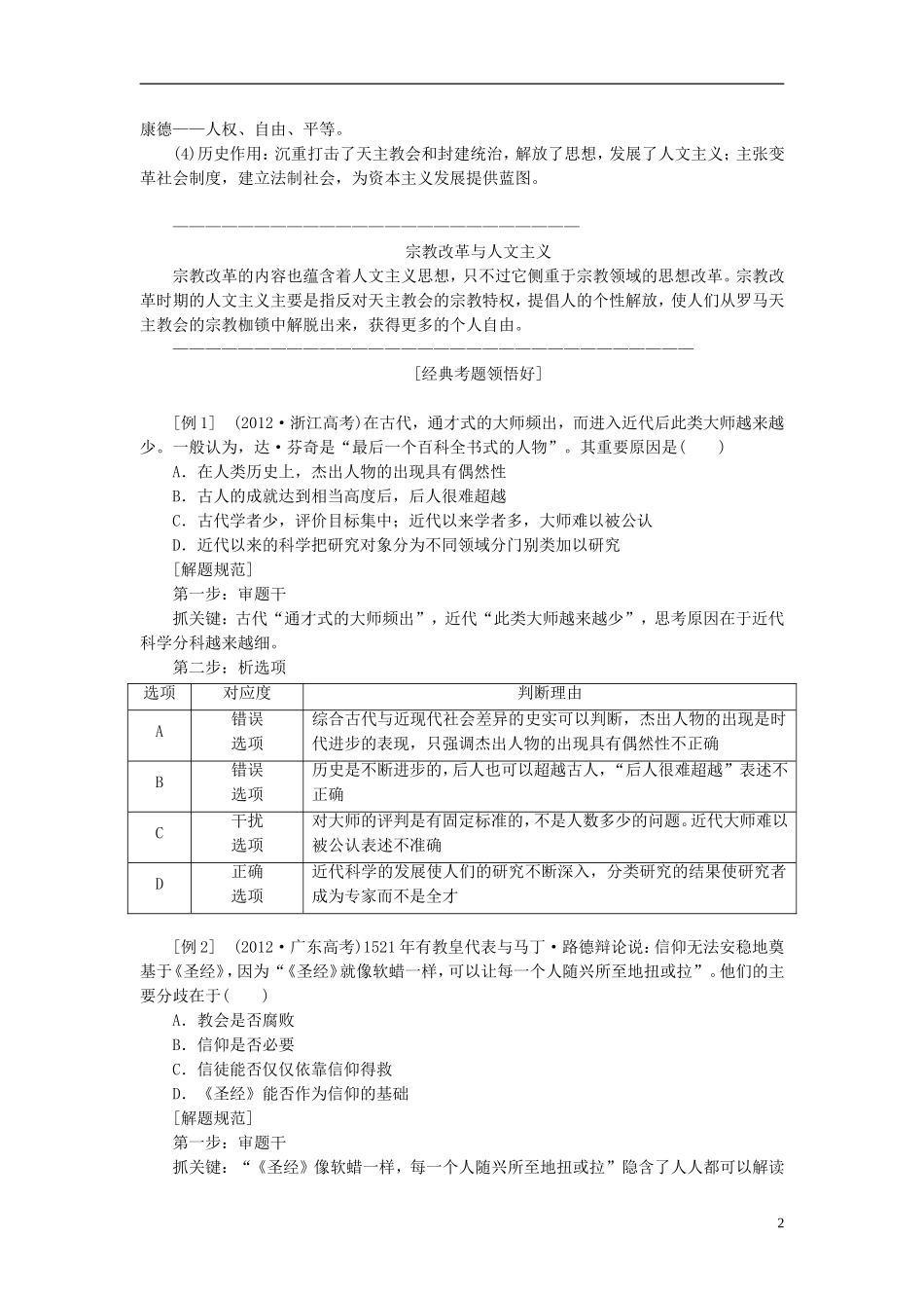 2014高考历史模块复习方案 模块二 第2步 专题十 西方人文精神的发展和世界近代科技与文化_第2页