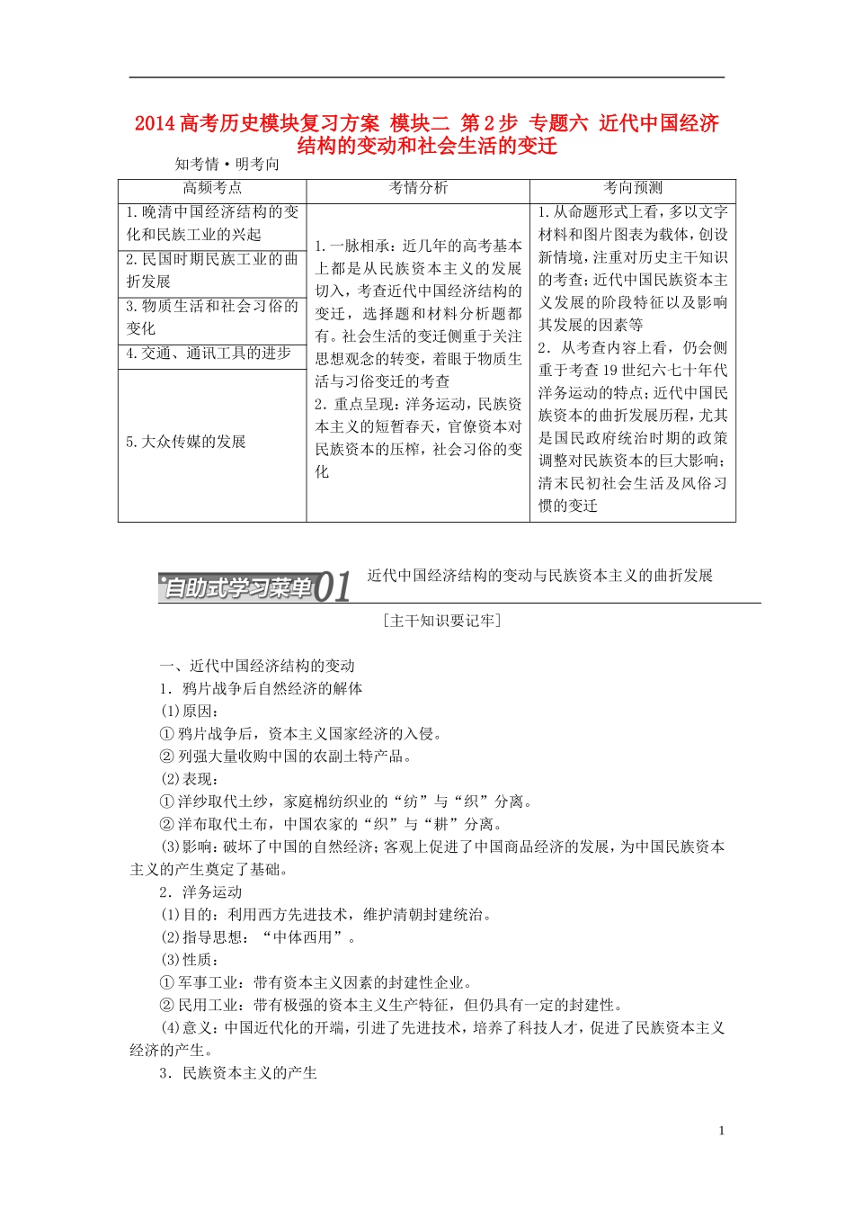2014高考历史模块复习方案 模块二 第2步 专题六 近代中国经济结构的变动和社会生活的变迁_第1页